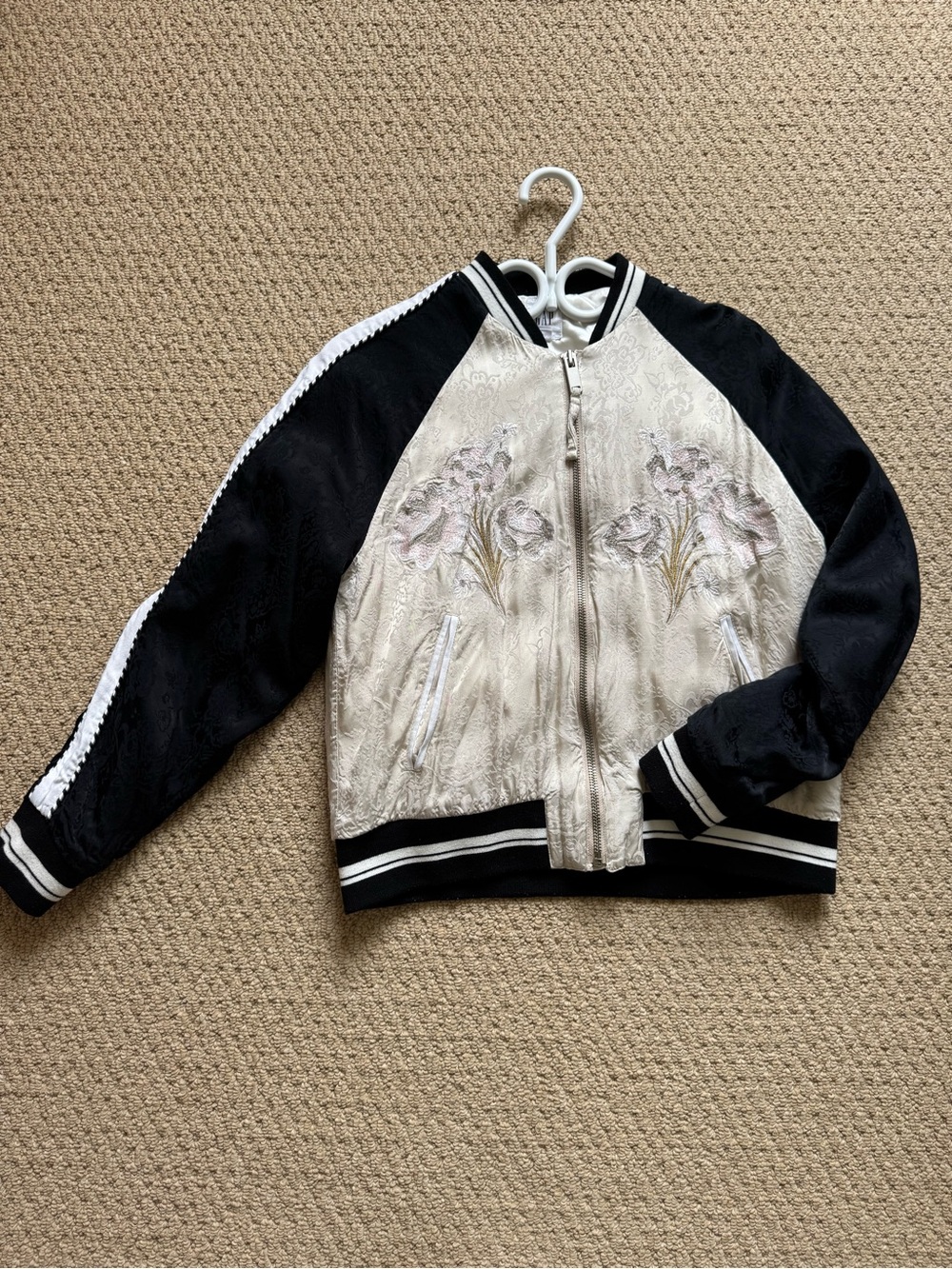 Gap Floral Embroidered Bomber Jacket – Cream & Black, Size M